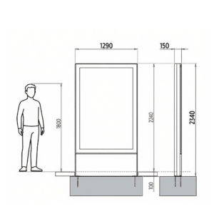 Technical drawing of the CityLight double-sided panel, measuring 2440 × 1290 × 150 mm, with a figure shown for height comparison. — CityLight