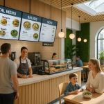 Digital menus for restaurants displaying food categories above a café counter