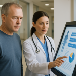 A doctor is showing a patient information on the screen of a digital signage system at a healthcare facility.