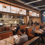A modern restaurant with digital screens and tablets as part of the restaurant's digital transformation — restaurant digital transformation