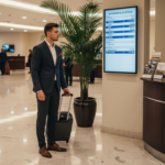 A guest with a suitcase looks at the digital display in the hotel lobby. — digital signage in the hospitality industry