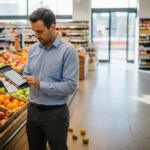 A customer is browsing digital grocery content on their phone in the store.